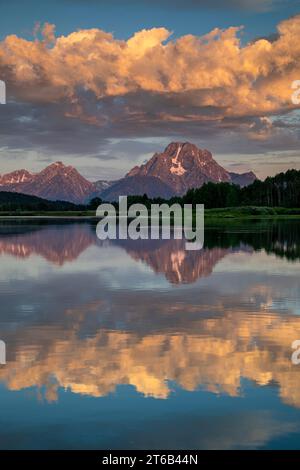 WY05682-00...WYOMING - Mount Moran spiegelt sich im stillen Wasser des Snake River bei Sonnenaufgang im Grand Teton National Park. Stockfoto