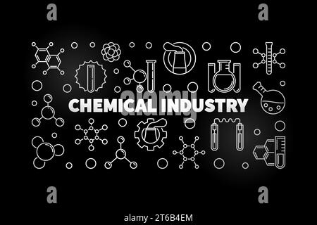 Chemieindustrie Vektor silbernes Konzept horizontales Banner in dünner Linienart auf dunklem Hintergrund Stock Vektor