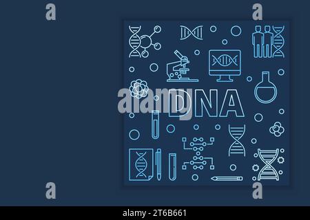 DNA-Vektor blaues quadratisches Designelement oder Banner in dünner Linienart auf dunklem Hintergrund Stock Vektor