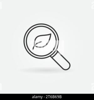 Leaf-in-Lupe-Vektor-Konzeptsymbol oder Symbol in dünner Linienart Stock Vektor