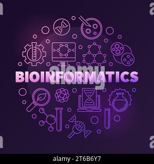 Bioinformatik-Vektor runde bunte Illustration im Umrissstil auf dunklem Hintergrund Stock Vektor