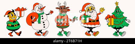 Weihnachtsfiguren im Retro-Stil. Grooviger Vintage 70er Jahre lustiger Weihnachtsmann, Elf, Schneemann, Hirsch und weihnachtsbaum mit fröhlichen Gesichtern und Geschenken. Stock Vektor