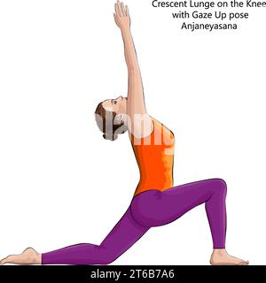 Junge Frau macht Yoga Anjaneyasana. Halbmond Ausfallschritt auf dem Knie mit Blickposition nach oben. Mittlere Schwierigkeit. Isolierte Vektordarstellung. Stock Vektor