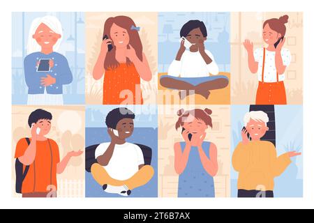 Kinder sprechen Telefone setzen Vektor-Illustration. Cartoon kleiner Junge und Mädchen rufen am Telefon an, um positive Gespräche mit Freunden oder Familie, glückliches süßes Kind, das Handy in Händen oder Ohr hält und redet Stock Vektor