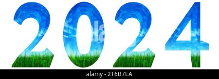 Konzept oder Konzept 2024 Jahre aus grünem Sommerrasengras und blauem Himmel isoliert auf weiß. 3D-Illustration als Metapher für die Zukunft Stockfoto