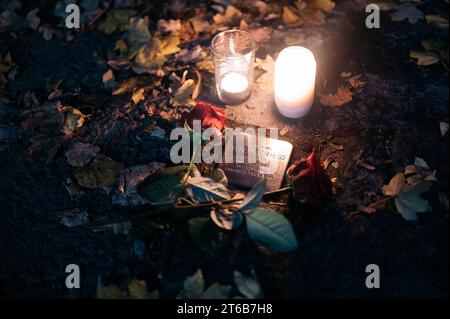 Klang der Stolpersteine Jena eine politisch-künstlerische Aktion Jenaer Bürger, zwar initiiert und koordiniert von Klaus Wegener, Prof. Gerhard Paulus und Till Noack, aber getragen von über 400 Künstlerinnen und Künstlern aus Jena und Umgebung und fast 100 weitere HelferInnen. 9. November, dem Tag der Reichspogromnacht 1938, findet diese in Jena an den Stolpersteinen statt. Ein Stolperstein in Jena mit Kerzen und Rosen Innenstadt *** Klang der Stolpersteine Jena Eine politisch künstlerische Aktion Jenaer Bürger, initiiert und koordiniert von Klaus Wegener, Prof. Gerhard Paulus und Till Noack Stockfoto