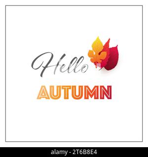 Buntes Hello Herbstkarten-Layout, kreatives Design mit roten und goldenen Herbstblättern - Mehrzweckvorlage, Typografie für Web, Werbung, Stock Vektor