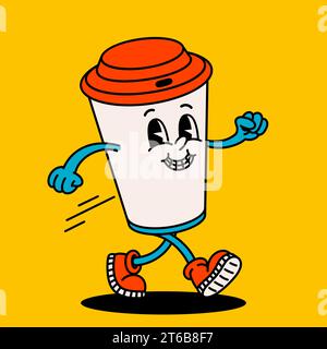 Lustige Cartoon-Kaffeetasse im Retro-Stil. Groovige Vintage 70er Jahre Kaffeepapierbecher Charakter Walking. Stock Vektor