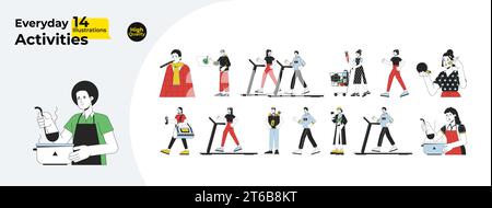 Daily Routine Line Cartoon Flat Illustrations Bundle Stock Vektor