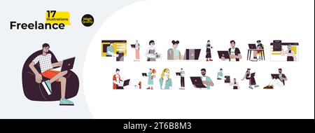 Verschiedene Freelancer Laptops Line Comic Flat Illustrations Bundle Stock Vektor