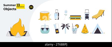 Lustige lineare 2D-Zeichentrickobjekte für den Sommer Stock Vektor