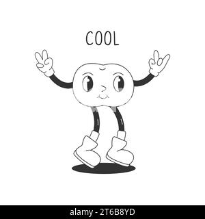 Ausmalseite mit lustigem Retro Groovy Cartoon Hippie Berry Charakter. Comic Cherry. Groovige Sommer-Vektor-Illustration. Süßes, saftiges frisches Obst aus den 90er Jahren Stock Vektor