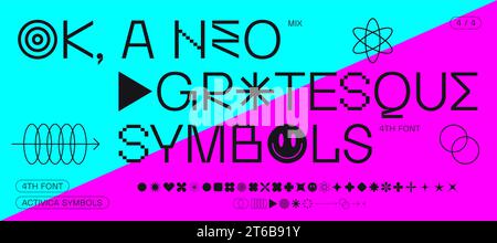 Schlagzeilen-Alphabet Neo grotesque Sans Serif-Alphabet mit grafischen Elementen, Zeichen, Symbol, Alternativbuchstaben. Klassisches kreatives neues grotesk-Alphabet für Design, Typografie und Poster. Vektorabbildung Stock Vektor