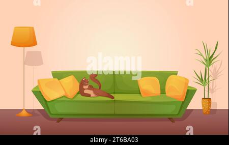 Katze, die auf Sofa im Wohnzimmer liegt, gemütliche Innenvektor-Illustration. Grüne Retro-Couch mit braunem Kätzchen und gelben Kissen, Lampe und Pflanzen im Wohnzimmer des Apartments oder Hotels Stock Vektor