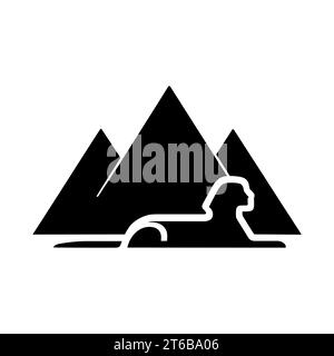 Sphinx und Pyramiden Symbol. Eine schwarze Silhouette der Sphinx im Vordergrund mit drei Pyramiden im Hintergrund. Vektorabbildung Stock Vektor