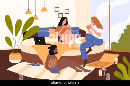 Mädchen essen Pizza zu Hause Pyjama Party Vektor Illustration. Cartoon-Dinner-Szene mit einer Vielfalt von besten Freundinnen, die essen, reden, Pizzabschnitten teilen, drei glückliche junge Frauen zusammen sitzen Stock Vektor