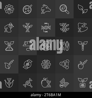 Genetisch veränderte Organismen oder GMO-Konturvektorsymbole auf dunklem Hintergrund Stock Vektor