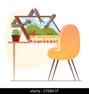 Kunst erzeugt durch künstliche Intelligenz Vektorillustration. Cartoonarme eines Roboters mit Pinselzeichnung auf dem Tablet-Bildschirm, KI-automatisierte Arbeit anstelle menschlicher Künstler zur Generierung digitaler Inhalte Stock Vektor