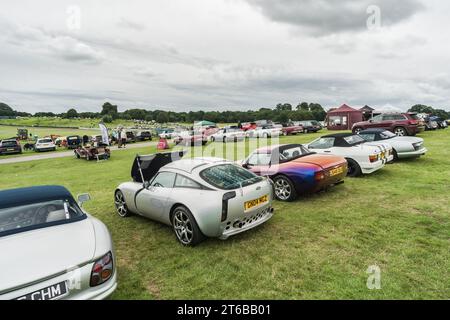 Tarporley, Cheshire, England, 30. Juli 2023. Reihe von Fernsehern bei einem Autotreffen, Leitbild für Automobilhandel. Stockfoto