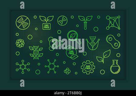 GMO Free Concept grünes horizontales Banner in dünner Linie auf dunklem Hintergrund Stock Vektor