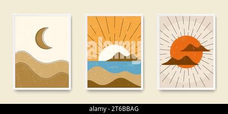Abstrakte Wandplakate. Grungy Landschaftshintergründe. Set von Sonnenaufgang, Sonnenuntergang und Mondnacht. Boho-Wanddekor. Vektor Stock Vektor