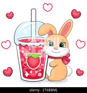Niedliches Karikaturhase mit einem großen Erdbeergetränk. Vektor-Illustration eines Tieres und einer Tasse rotes Wasser auf weißem Hintergrund mit roten Herzen. Stock Vektor