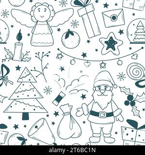 Weihnachtsfeiertage sorgen für ein nahtloses Muster mit Doodle-Sketch-Stil. Festlicher Hintergrund zu Neujahr mit weihnachtsmann, Engel, Geschenken, Tanne und Spielzeug. Tinte Stock Vektor