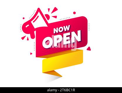 Jetzt das Band mit Megaphon öffnen. Webelement. Banner mit Qualitätsabzeichen. Vektor Stock Vektor