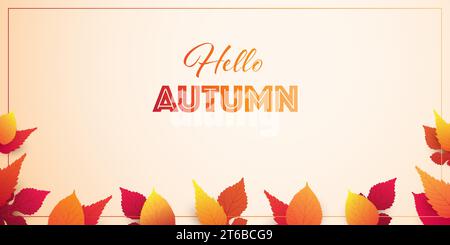 Farbenfrohes Hello-Herbstkartenlayout, kreatives Design mit roten und goldenen gefallenen Blättern - Herbst wieder hier angekommen - Mehrzweckvorlage, Typografie f Stock Vektor