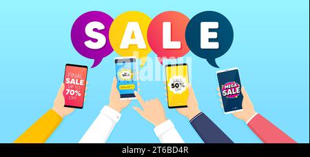 Verkaufsbanner mit Mobiltelefonen. Hände, die Smartphones mit Verkaufsblasen halten. Rabattangebot für Mobiltelefone. Vektor Stock Vektor