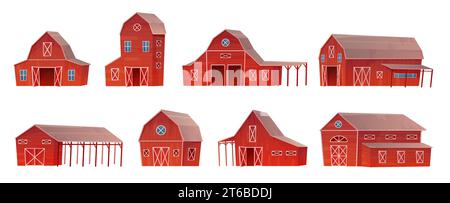 Bauernhofscheune Set Vektorillustration. Cartoon isolierte Vorderansicht ländlicher roter Holzhäuser verschiedener Typen, Ranch-Gebäude mit Türen, Toren und Fenstern, Landwirtschaftslager und Tierheim Stock Vektor