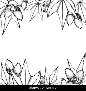 Die quadratische Zusammensetzung wird im Vektor gezeichnet. Ahornblätter und Eicheln, in Vektor in Schwarz auf weißem Hintergrund gezeichnet. Für Druck, Karten, Küche, Kreativität Stock Vektor