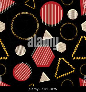Geometrische Figuren abstrakte Vintage-Kunst mit nahtlosem Muster auf schwarzem Hintergrund Stock Vektor