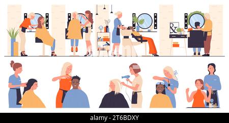 Friseur Salon Service Set Vektor Illustration. Cartoon isolierte männliche und weibliche Kunden, die vor dem Spiegel sitzen, um zu kämmen und zu pflegen, Haare zu schneiden oder zu waschen, Frisuren für Mann und Frau von Stylisten Stock Vektor