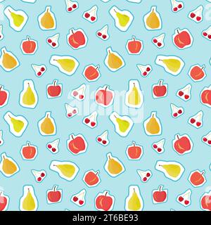 Nahtloses Fruchtmuster. Hintergrund des Vektor-Fruchtmix-Aufklebers. Nahtlose Textur für modischen Aufdruck. Äpfel, Birnen und Kirschen im Zeichentrickstil. Stock Vektor