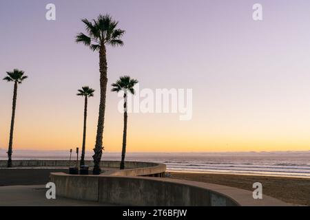 Ein faszinierender rosafarbener Sonnenuntergang taucht den Strand in warme Farbtöne und strahlt einen ruhigen Glanz über die Palmen aus, die sich vor dem pulsierenden Himmel bilden Stockfoto