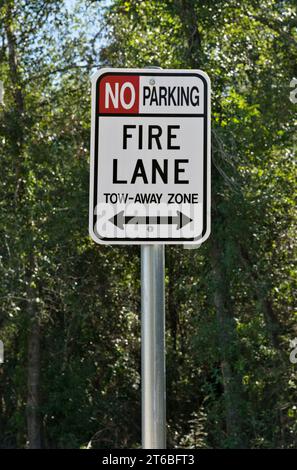 Fire Lane und kein Parkschild in der Nähe isoliert mit einem Hintergrund von Baumdach und Kopierraum. Stockfoto