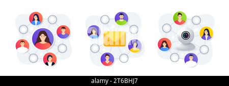 Fernarbeit, Mitarbeiterarbeit, entfernte Teammitglieder. Online-Schulung. Videokonferenz. Vektor Stock Vektor