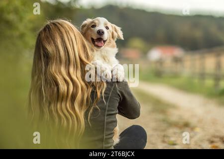Eine junge Frau und ihr Border Collie Welpen kuscheln und interagieren im Herbst im Freien, Hund und Besitzer Konzept Stockfoto
