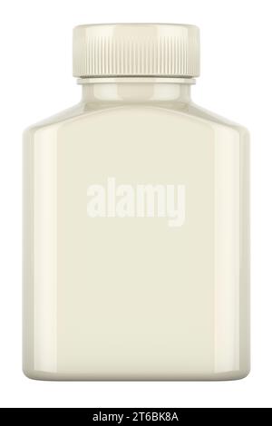 Weiße medizinische Flasche, leere Verpackung aus Kunststoff, Vorlage, Modell. 3D-Rendering isoliert auf weißem Hintergrund Stockfoto