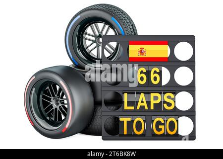 Spanisches Rennen, Boxenbrett mit Flagge Spaniens und Rennräder mit verschiedenen Reifenmischungen. 3D-Rendering isoliert auf weißem Hintergrund Stockfoto