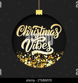 Weihnachtskugel mit goldenem Glitzereffekt und Schneeflocken, Weihnachtsmotiv mit schwarzer Papierkarte. Vektorabbildung. Stock Vektor