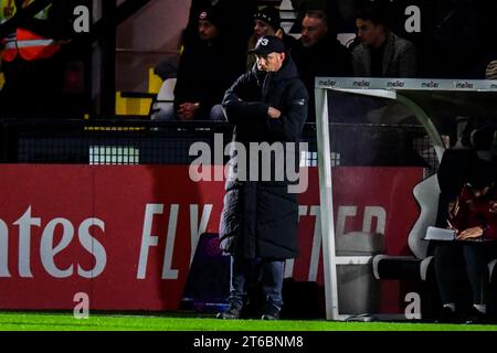 Borehamwood, Großbritannien. November 2023. Manager Jonas Eidevall (Manager Arsenal) sieht beim FA Women's Continental Tyres League Cup Spiel zwischen Arsenal und Bristol City im Meadow Park, Borehamwood, am Donnerstag, den 9. November 2023. (Foto: Kevin Hodgson | MI News) Credit: MI News & Sport /Alamy Live News Stockfoto