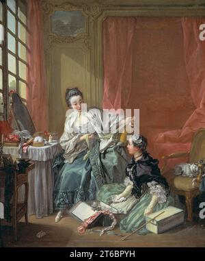 The Milliner, 1746. Eine Verkäuferin von Trimmsachen für Hüte und ihre Klientin. Stockfoto