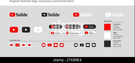 Original-YouTube-Logo, Social-Media-Symbole, Ressourcen und Markenfarben. Stock Vektor