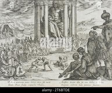 Die Statue des Jupiters in Olympia, veröffentlicht 1610. Aus den sieben Weltwundern, pl. 1. Stockfoto