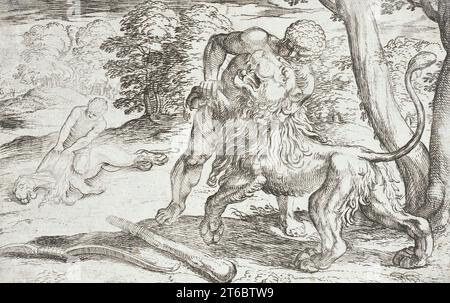 Herkules und der Nemäische Löwe, 1608. Von den Arbeiten des Herkules, pl. 2. Stockfoto