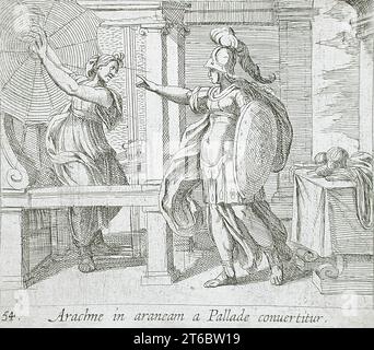 Athena Changing Arachne into a Spider, veröffentlicht 1606. Aus den Metamorphosen von Ovid, pl. 54. Stockfoto