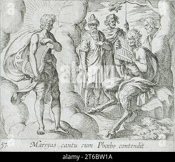 Marsyas spielte die Pfeifen vor Apollo, veröffentlicht 1606. Aus den Metamorphosen von Ovid, pl. 57. Stockfoto