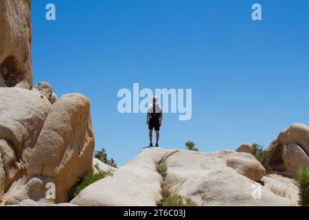 Der Mensch steht auf dem Felsen, blickt weit in die Ferne und erkundet die Umgebung. Reise- und Abenteuerkonzept. Stockfoto